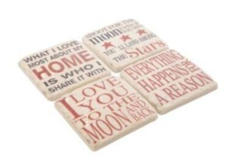 Set of 4 Resin Coasters by Heaven Sends in Red and Cream. Each coaster in the pack ahs a different sentiment saying - 'Shoot for the Moon Even if you Miss You'll Land Among the Stars', 'What I Love Most About My Home is Who I Share it With', 'Everything 